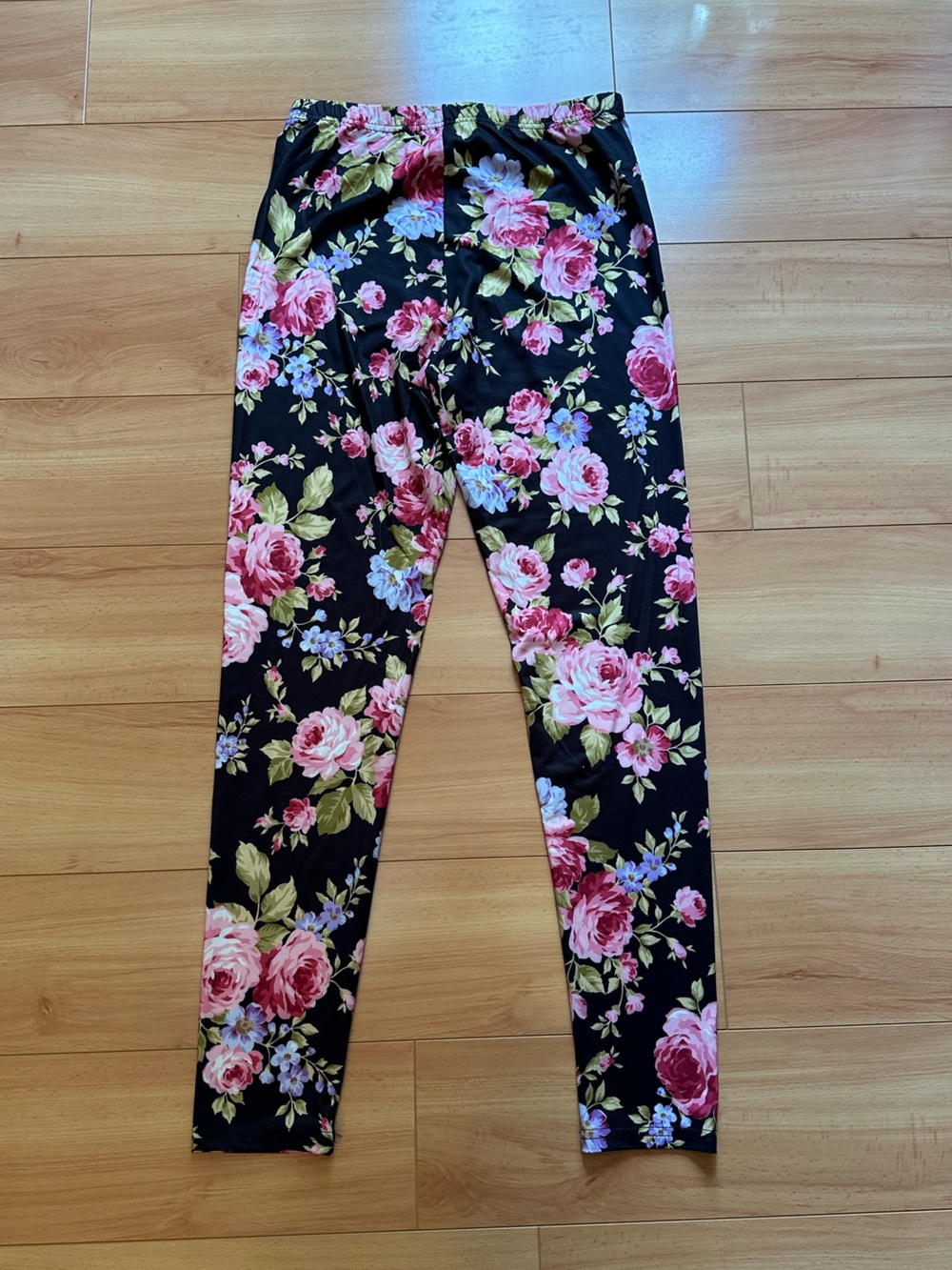 SHEIN Black Floral Leggings with Pink and Green Roses skinny XL 12 stretch yoga